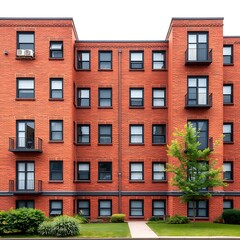Fototapeta premium Modern Red Brick Apartment Building Exterior with Balconies and Landscaping