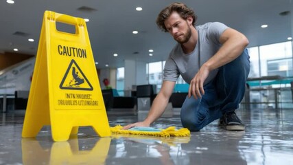 Wet Floor Caution: A focused individual addresses a hazard, cleaning up a spill near a cautionary sign, demonstrating responsibility and safety awareness.