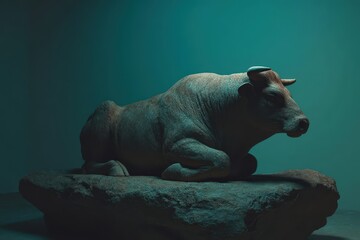 A stylized, seated bovine sculpture on a rock formation.