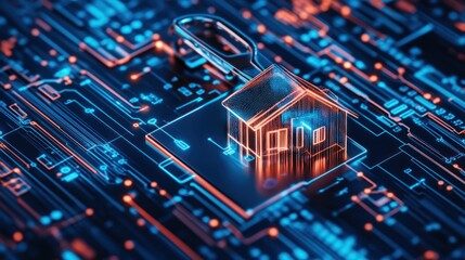 Obraz premium Futuristic home security concept with integrated circuit and glowing house model