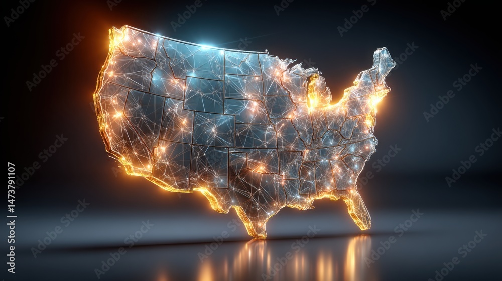 Poster detailed map of the united states featuring a neural circuit design highlighting ai patterns and mod