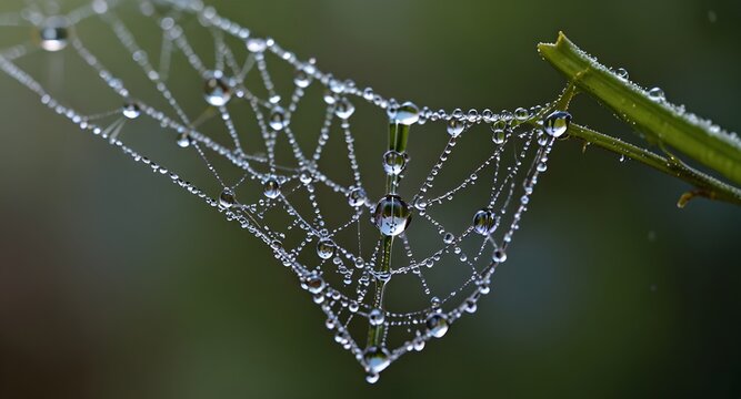 A stunning close-up of heart-shaped dewdrops on a spider web, highlighting the delicate interplay of water and light.   