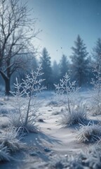 Delicate snowflakes fall over a frosty, blue winter scene , illustration, crystal