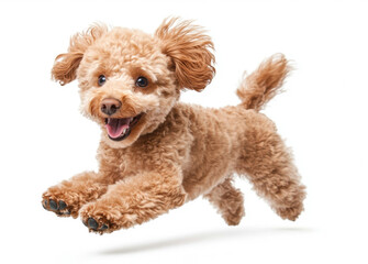 A happy brown poodle dog is running isolated on white background. cute pet animal
