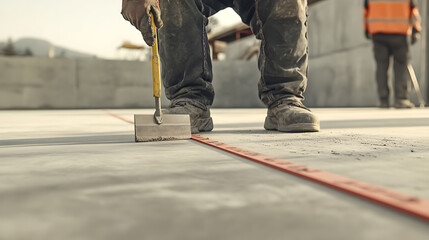 Obraz premium Construction Worker Using Leveling Tool on Concrete Surface
