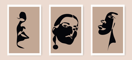 Abstract Wall Art Poster Set of Woman Face Hand Drawn Style. Female Portrait Vector Background Minimalist Bohemian Style for Wall Art, Social Media, Banners, Posters, Cards, Prints.