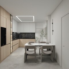 Modern minimalist kitchen with light wood cabinets, black marble backsplash, sleek white dining table, and neutral-toned chairs in a calm, elegant atmosphere