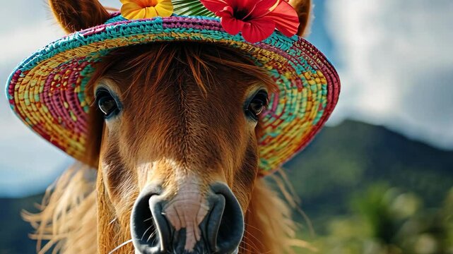 a horse wearing Mexican colorful woven hat at outdoor, funny animal portrait 