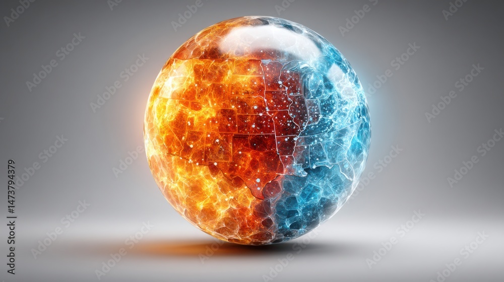 Poster sphere with unique fire and ice pattern representing duality and balance in business and technology 