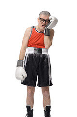 Desperate boxer touching his painful face after getting punched