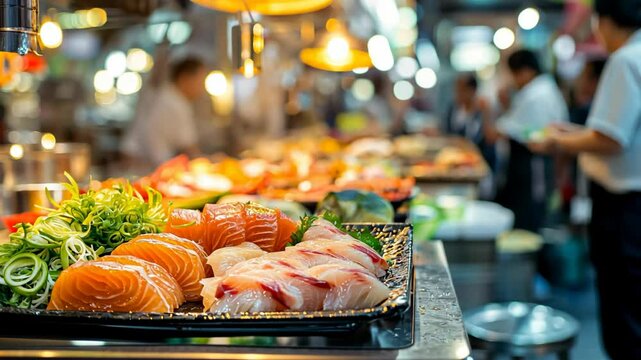 various type of sushi selling at local Asian market, bustling street	
