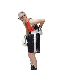Sad desperate boxer with back pain