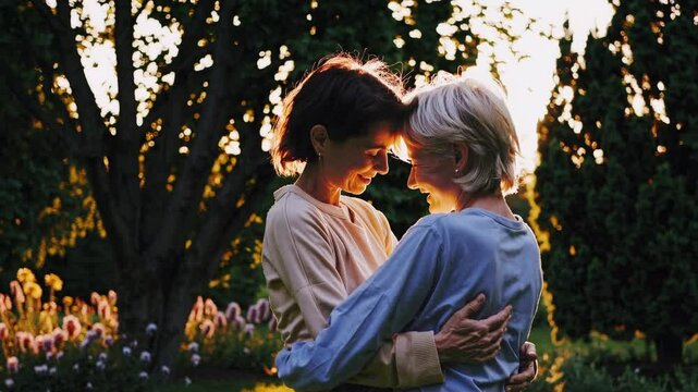 Golden hour sunlight illuminating loving embrace between women sharing tender moment surrounded by lush garden greenery, expressing deep emotional connection and joy