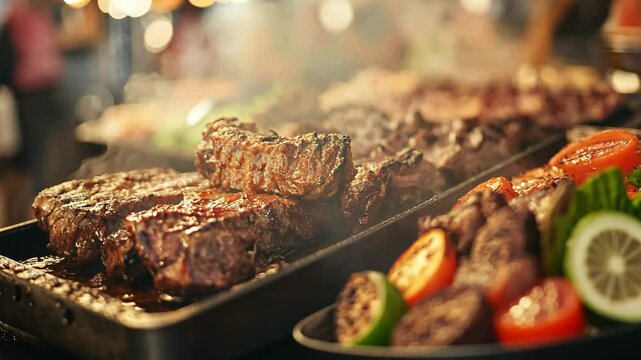 tray of beef steak at market, fresh beef jerk selling at local market bustling street, people shopping	