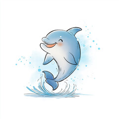 Fototapeta premium Playful Dolphin's Delight: A cheerful illustration of a dolphin joyfully leaping from the ocean, its animated expression captures the essence of marine happiness.
