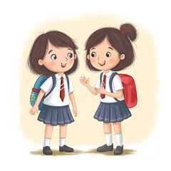 Illustration of Two Schoolgirls Talking in Uniform
