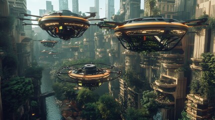 Futuristic cityscape with aerial vehicles.