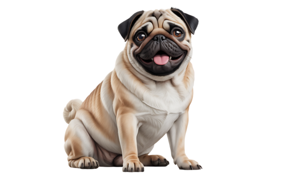 Smiling adorable pug dog sitting and looking happy with a friendly expression isolated