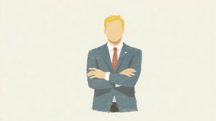 man holding a pencil, Blonde-Haired Person in Dark Blue Suit with Red Tie, Confident Stance 