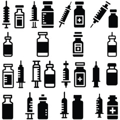 Medical Injection Icons. Syringe and Vial Vector Set for Healthcare and Pharmacy.