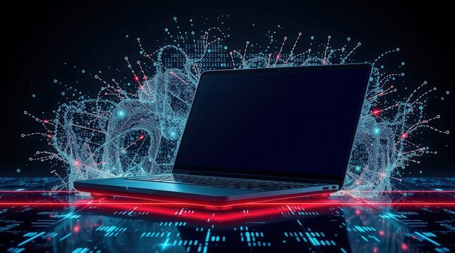 Laptop illuminated with digital code, showcasing technological advancement and data processing. Modern interface.