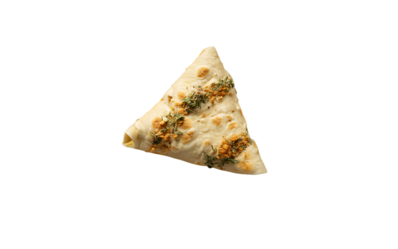 Deliciously simple triangle shaped flatbread adorned with fresh herbs and seasoning against a dark background - Powered by Adobe