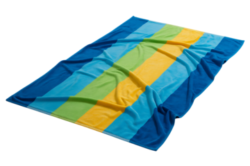 Vibrant beach towel with colorful stripes in shades of blue yellow and green for summer relaxation