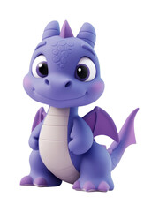 Cute cartoon dragon character with big eyes and purple scales, cut out - stock png.