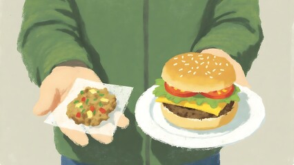 Person Holding Cookie and Cheeseburger, Food Choice and Contrast