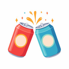 Cheers with Soda Cans: Two soda cans, one red and one blue, clinking together in a celebratory toast. Sparkling splashes of soda add to the festive mood. 