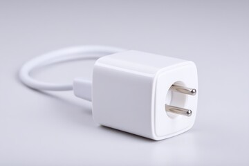 Fototapeta premium White square plug with cord isolated on a simple background, emphasizing clean and functional design.