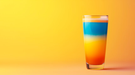 A vibrant layered drink in orange, yellow, and blue stands against a gradient background.