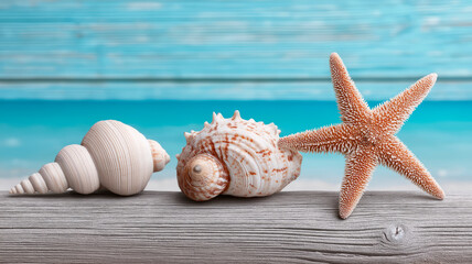 The image shows seashells and stars on a tree overlooking the azure sea and sky. The warm colors and light convey the atmosphere of summer, relaxation and coziness.