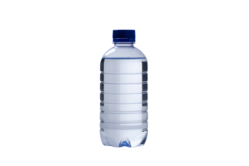 A full plastic water bottle with dark blue cap against a white background