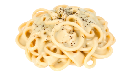 Appetizing Spaghetti Carbonara with Creamy Cheese Sauce and Black Pepper on Transparent Background in Top Angle View Ideal for Menu Design and Culinary Illustration