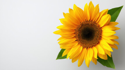 Fototapeta premium A vibrant sunflower blossom displays its radiant yellow petals and dark brown center, accented by fresh green leaves against a clean, bright white background.