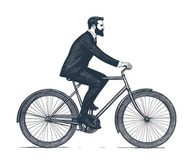 Naklejka premium Illustrated bearded male riding bicycle profile, cut out - stock png.