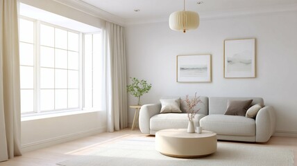Modern living room with soft lighting and minimalist decor featuring a cozy sofa and natural elements