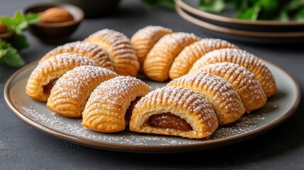 A plate of crescent-shaped pastries filled with dates, dusted with powdered sugar, arranged neatly on a dark plate.