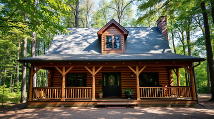 Naklejka premium Cozy Log Cabin in a Serene Forest Surrounded by Lush Green Trees