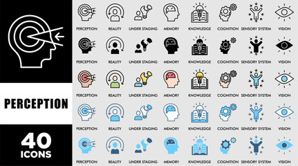 PERCEPTION icon set with various styles and colors customer satisfaction questionnaire perception, reality, under staging, memory, knowledge, cognition, sensory system, vision