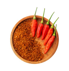 red hot chili peppers on a wooden plate isolated on white background