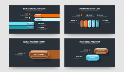 Product Planning 4 5 1 2 Option Diagram Slide Layout Collection. Market Review Four Five One Two Element Infographic Presentation Template Vector Illustration Bundle.