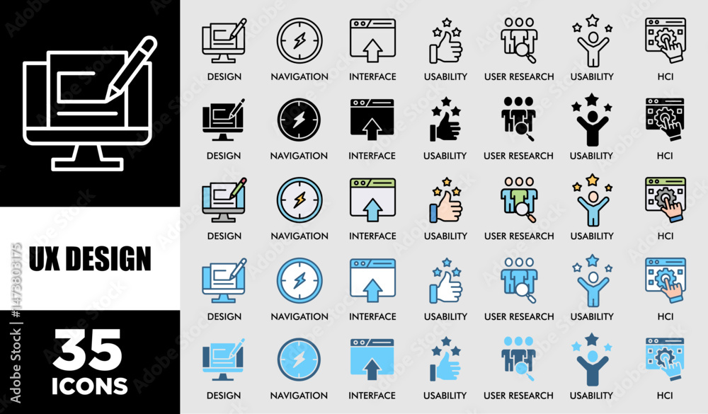 Fototapete UX DESIGN icon set with various styles and colors customer satisfaction questionnaire accessibility, usability, design, user research, hci, structuring, navigation, interface icon live stroke and easy