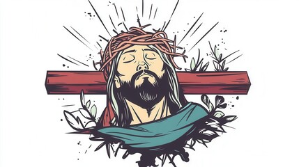 Jesus on cross clipart, Christian symbol, line art style, soft shading, isolated on white background