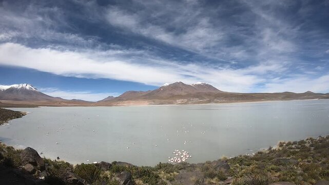 Time-lapse of a lagoon with flamingos surrounded by dramatic mountain peaks on Altiplano Boliviano