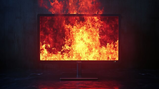 tv monitor with blazing fire inside on dark background. illustration