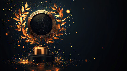 Golden laurel wreath award trophy on black background, elegant celebration