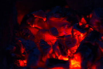 Coals of campfire in the forest closeup