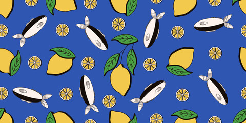 Italia. Amalfi. Summer italian Seamless Trellis template design. Lemon and sardines vector illustration fabric textile material background. Perfect dolce vita Seamless pattern. EPS 10